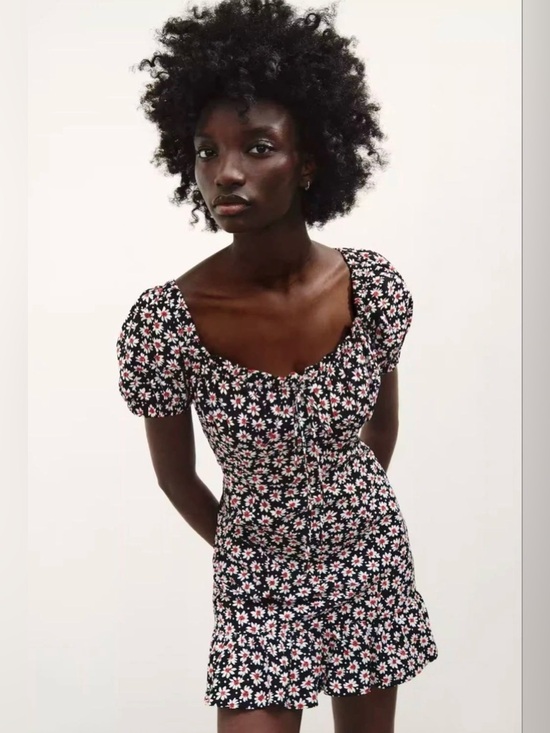 Zara Tops - Zara Daisy Mini Dress Black White Red Phoebe Floral Print Puff Sleeve Size Small
